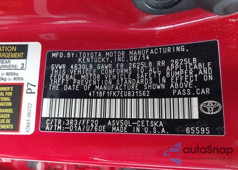 2014 Toyota Camry Se from USA, damaged, VIN 4T1BF1FK7EU831562
